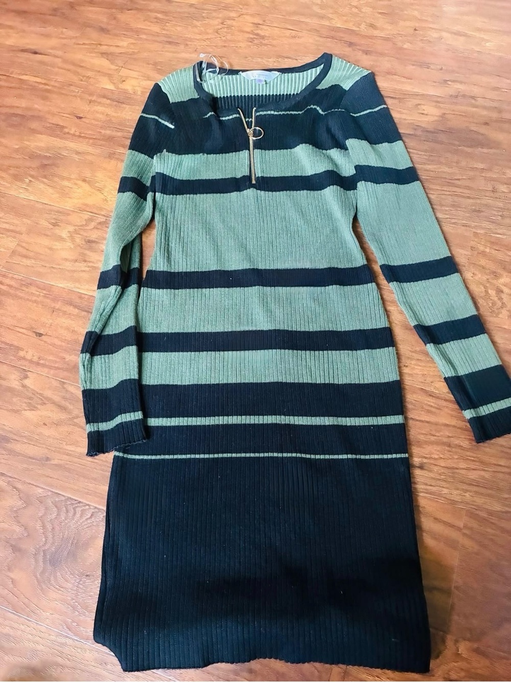 Striped Knit Sweater Dress in Olive Green and Black
